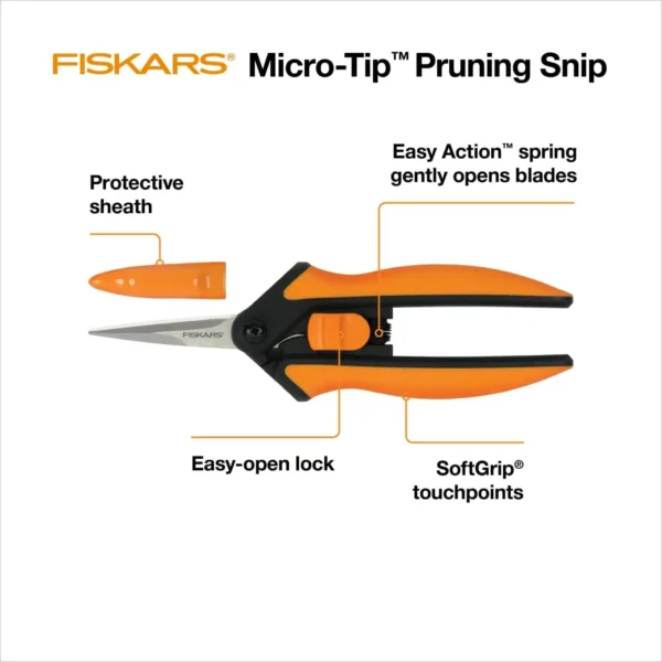 Fiskars Micro-Tip Pruning Snips Yard and Garden Tools - Orange/Black