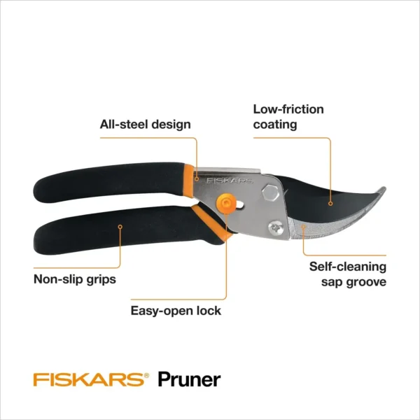 Fiskars Bypass Pruning Shears 5/8” Garden Clippers - Plant Cutting Scissors with Sharp Precision-Ground Steel Blade