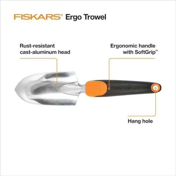 Fiskars Ergo Trowel - Heavy Duty Gardening Hand Tool with Hang Hole - Lawn and Yard Tools - Black/Orange