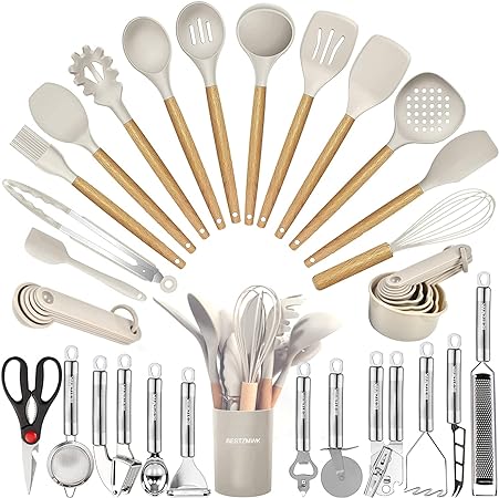 Kitchen Utensils Set - 35 PCs Cooking Utensils with Grater, Tongs, Spoon, Spatula & Turner, Heat Resistant Food Grade Silicone and Wooden Handles, Nonstick Cookware Safe