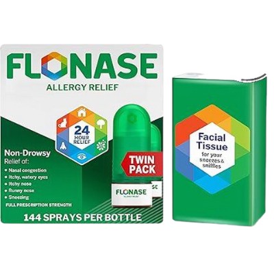 Flonase Allergy Relief Nasal Spray, 24-Hour Non-Drowsy Multi-Symptom Relief – 144 Sprays (Pack of 2) plus Bonus Pack of Tissues