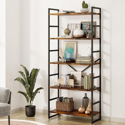 Shintenchi 5-Tier Bookshelf - Tall Bookcase Shelf for Home Office, Rustic Brown