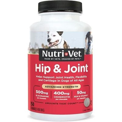 Nutri-Vet Advanced Strength Hip & Joint Chewable Dog Supplements- Formulated with Glucosamine & Chondroitin to Support Dog Cartilage & Mobility- 150 Tablets