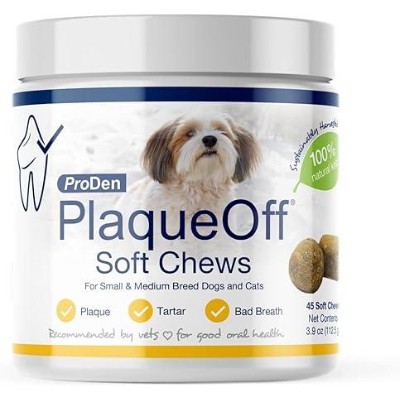 ProDen PlaqueOff Soft Chews with Natural Kelp - for Small & Medium Breed Dogs & Cats - Supports Normal, Healthy Teeth, Gums, and Breath Odor in Dogs & Cats - 45 Soft Chews