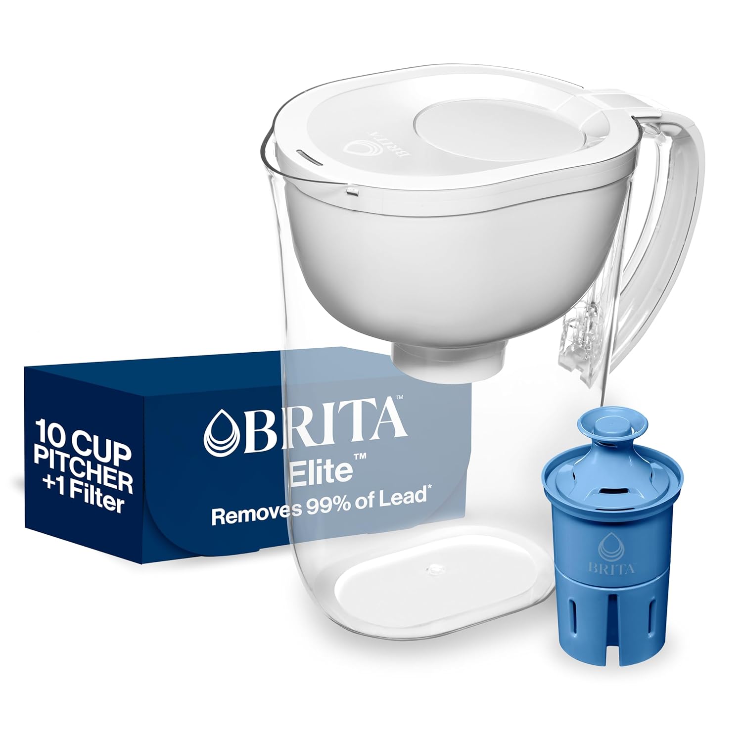 A Brita 10-cup water pitcher with a white lid and advanced Elite filter placed on a dining table.